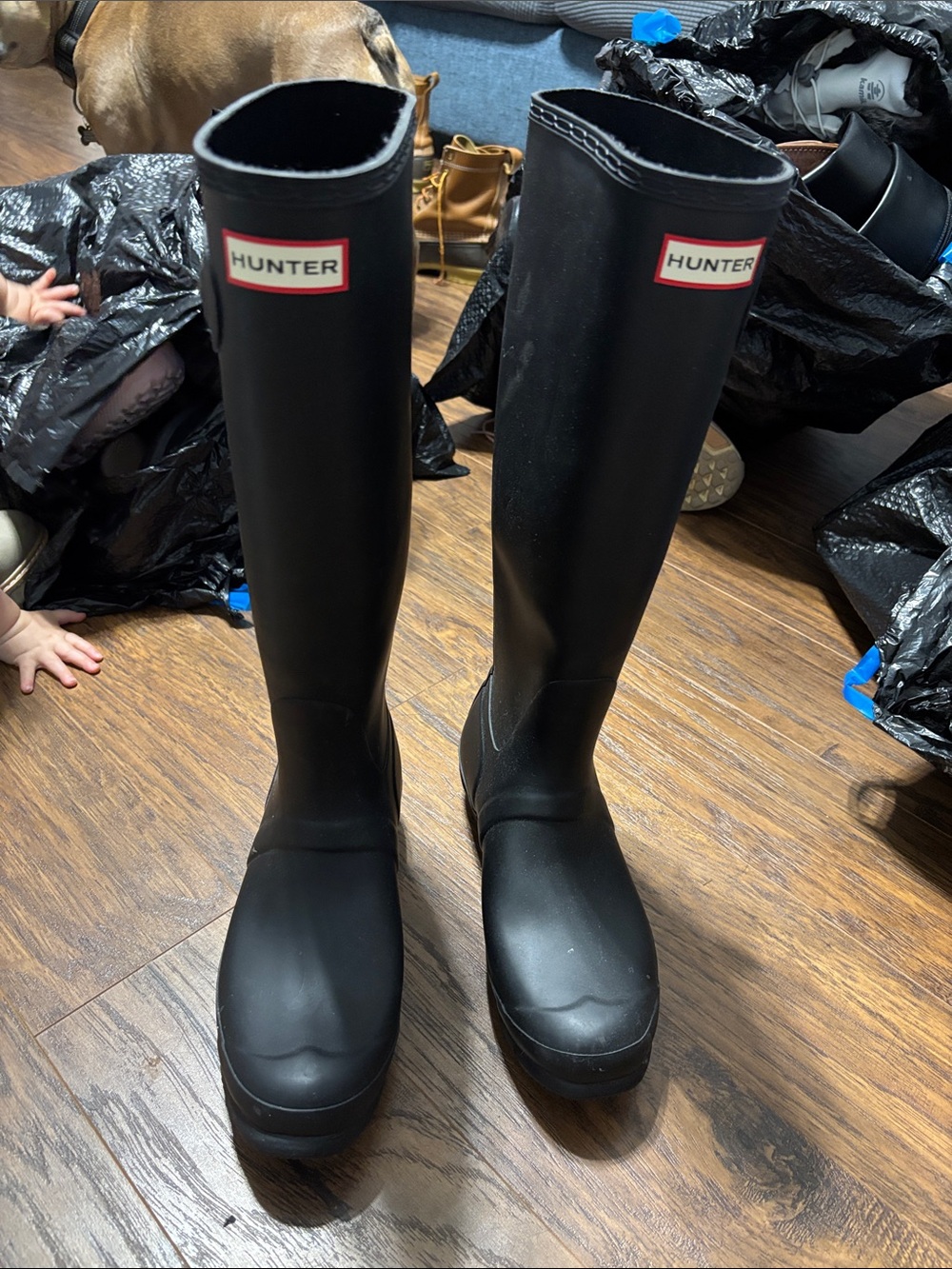 Hunter Black Tall Gloss Rain Boots with Logo Trim
